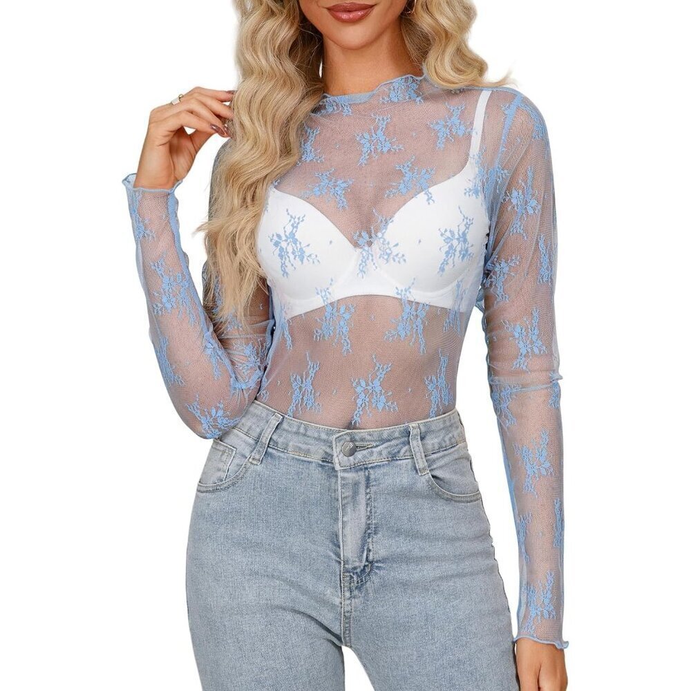 🆕Women Light Blue Polyamide Mesh Sheer Long Sleeve Mock Neck Lace Floral Blouse